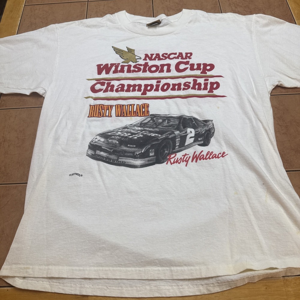 Vintage Nutmeg Mills Rusty Wallace NASCAR T Shirt Sz XL White USA Made